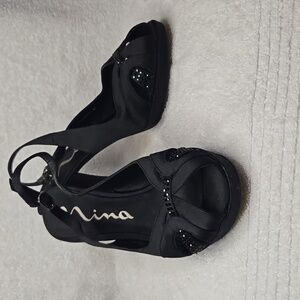 Nina Black Satin Peep-Toe Slingback Heels with Rhinestone Accent